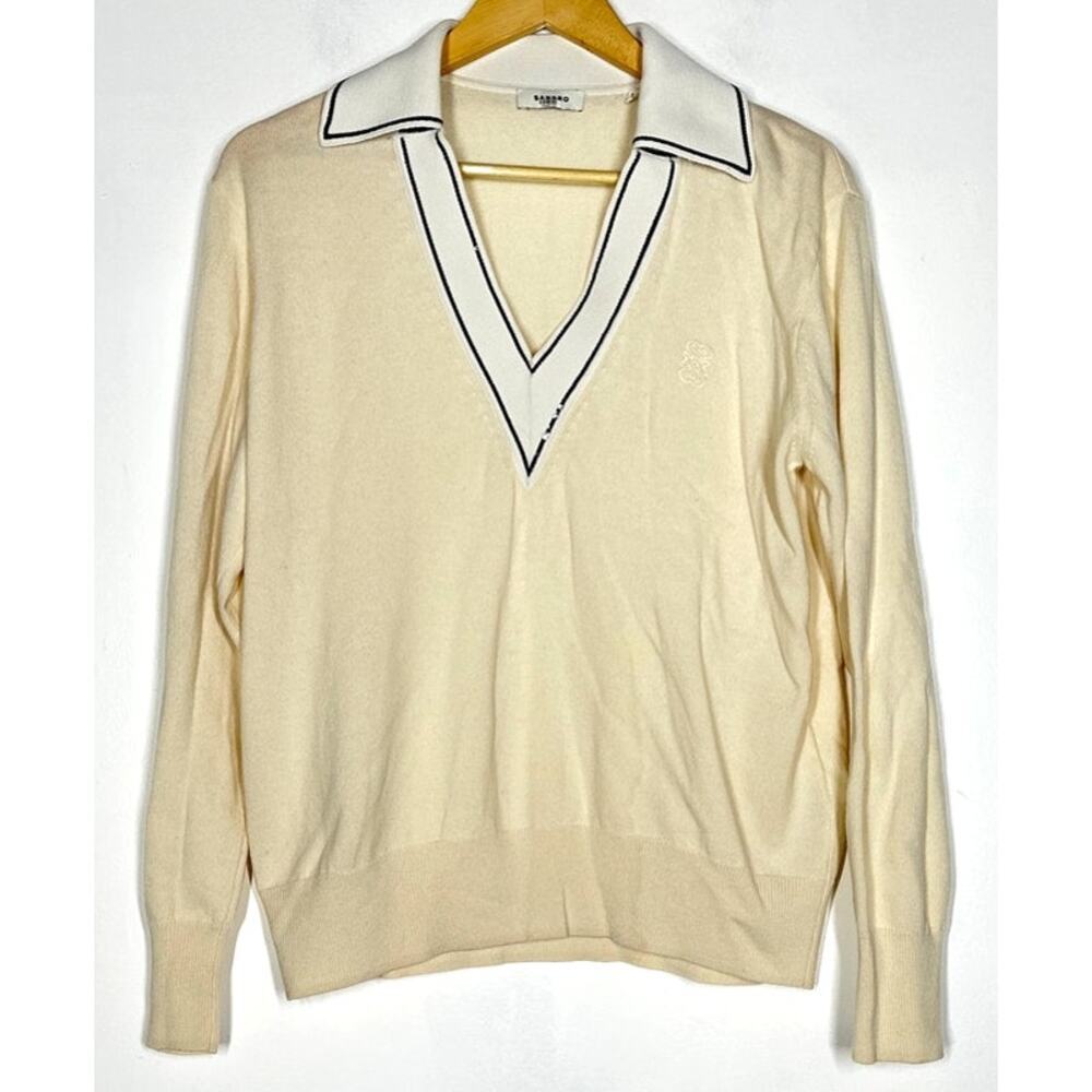 Sandro Alizia Polo Sweater Knit Wool Blend  Collared Top Off White 1 Small - Picture 4 of 11